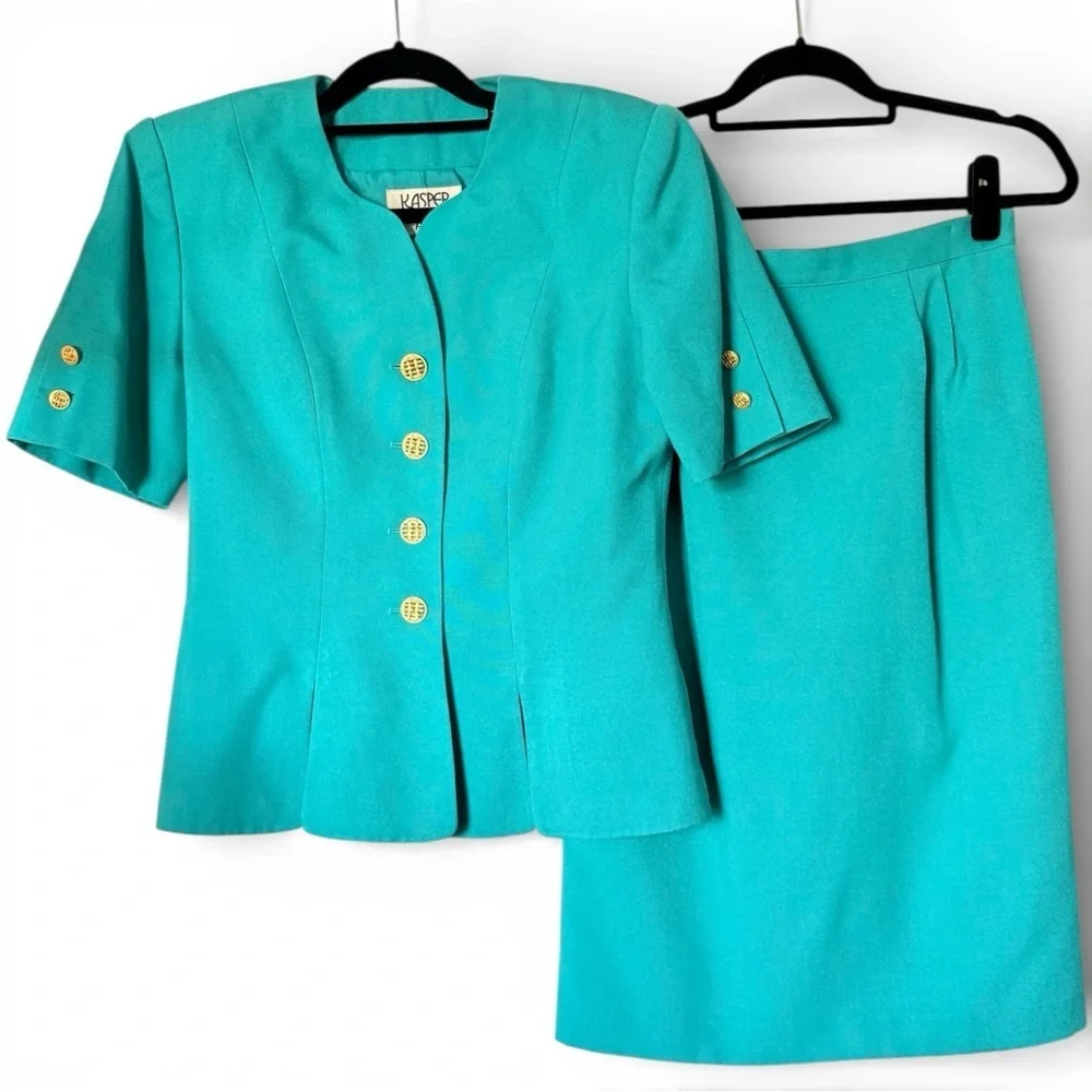 Vintage Kasper for A.S.L. Teal Short Sleeve Peplum 2-Piece Skirt Suit Size 8 EUC